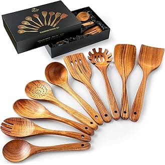 9-Piece Teak Wooden Utensils for Cooking - Natural Teak Utensil Set with Premium Gift Box - Non-Stick Wooden Spoons for Cooking - Kitchen Gift Set - Comfortable Grip Wooden Utensil Set