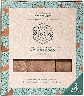 Crate 61, Handmade Vegan Natural Bar Soap Cold Pressed For Face And Body, With Premium Essential Oils, For Men And Women 3 Pack (Coconut)