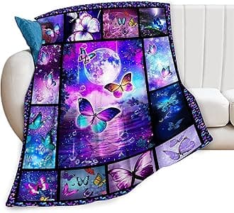 Butterfly Blanket for Women Girls - Super Soft Cozy Purple Fleece Throw - Warm Fuzzy Plush Fantasy Gift for Kids Adults - 80"x60" Flannel Blanket