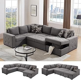 THSUPER 123'' Sectional Sleeper Sofa Couch with Pull Out Bed, 6 Seater U Shaped Oversized Comfy Linen Sleeper Sectional Sofas Couches with Storage Chaise for Living Room, Gray