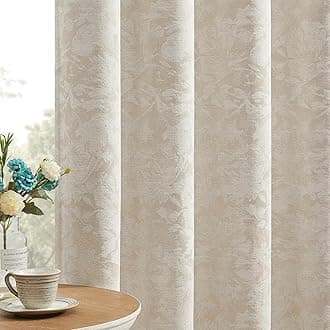 Beige Floral Jacquard Blackout Curtains 63 Inches Long 2 Panels for Bedroom Living Room Taupe Flower Chenille Room Darkening Thermal Insulated Soundproof Grommet Window Treatments Drapes 52x63