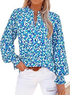 MASCOMODA Casual Spring Summer Chiffon Puff V Neck Trendy Tops for Womens 2025 Floral Dressy Long Sleeve Blouses Work Shirts