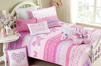 Cozy Line Home Fashions Butterfly Tulip, Pink Flower Print Pattern Reversible 100% Cotton Quilt Bedding Set Full/Queen - 6 Piece Pink 4350873765