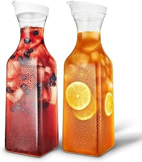 Plastic Juice Carafe with Lids (Set of 2) 50 oz Carafes for Mimosa Bar, Drink Pitcher with Lid, Water Bottle, Milk Container, Clear Beverage Containers for Fridge, Pantry Storage, Square Pitchers