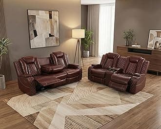 Power Recliner Sofa Set with LED, Breathing Leather Reclining Couch and Loveseat Set, 2 Piece Living Room Furniture Set with USB Port/Cup Holder/Storage for Home Theater (Auburn)