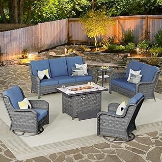 ovios 6 Pieces Patio Furniture Set with 42 inch Fire Pit Table, Outdoor Wicker Sofa Couch Loveseat, Swivel Rocking Glider Chairs, Modern Conversation Set, Grey Rattan, Denim Blue