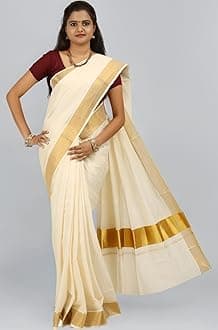 MAT Kuthampully Kerela Onam Wear Kasavu Kattikara Floura Jari Woven Cotton Set Mundu Saree For Women | With Blouse 6.25 Meters