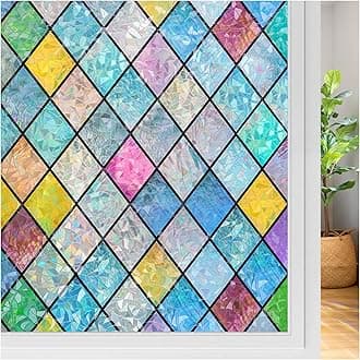 rabbitgoo Stained Glass Window Film Rainbow Film Decorative 3D Privacy Sticker Colorful Lattice Window Decals Cling, Sun Catcher Static Decals for Home 17.5"×118.1"