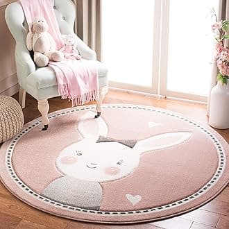 Carousel Kids Collection 5'3" Round Pink / Ivory CRK166P Bunny Nursery Playroom Area Rug