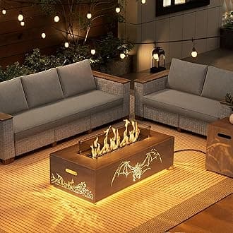 42" Propane Fire Pit table with LED Light - 50,000 BTU with Wind Guard, Lid, Rocks and Cover - Gas Fire Pits for Outside Patio - Fire Pit Tables for Outside Patio (Grey/Dragon Cutout, 42" LED)