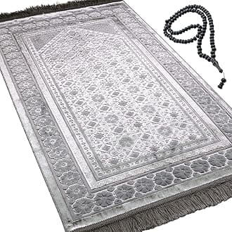 Modefa Velvet Prayer Rug - Soft Plush Turkish Janamaz Sajada Carpet for Men and Women - Plain Solid Prayer Mat Ramadan Eid Gift - with Prayer Beads - Luxury Floral Stamp (Silver Grey)