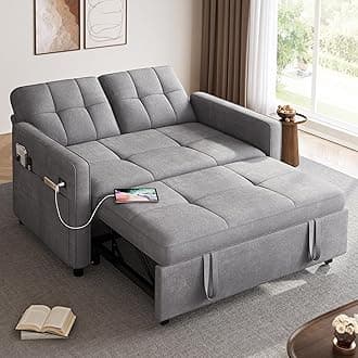 55" Convertible Sofa Bed, 3-in-1 Sleeper Sofa with Pull-Out Bed, Cat-Scratch-Proof Futon Couch with 5-Levels Reclining Backrest, USB and Side Pocket, Modern Loveseat for Living Room, Grey