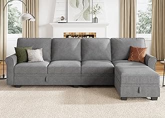 HONBAY L Shaped Sectional Couch with Storage Seat, Reversible Chaise - Small Sectional Couch for Living Room, Light Grey