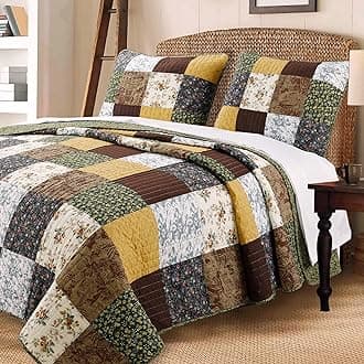 Cozy Line Home Fashions 100% Cotton Hand Piecing Real Patchwork Mustard Yellow Country Farmhouse Quilt Bedding Set Reversible Coverlet, Bedspread (Brown Olive, Queen - 3 Piece)