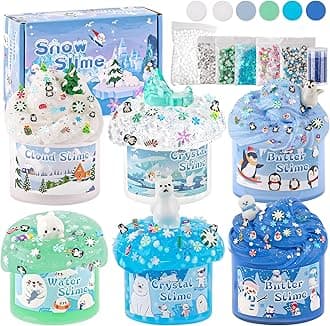 LAWOHO 6 Packs Snow Slime Kit - Butter, Clear, Water, Cloud Slimes, Fluffy Slime Making Kit for Kids with Cute Charms & Add-ins, Blue Kids Slimes Kits for Girls & Boys Birthday Christmas Easter Gifts