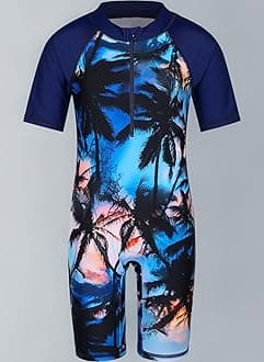 HUAANIUE Boys Swimming Short Sleeve Swimsuit 3-12Y Kids One Piece Swimwear Navy Sun Protection 50+ Swim Clothes UPF Warm Sportwear Costume Summer Surfing