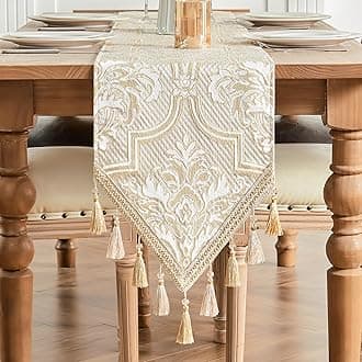 Damask Fabric Table Runner, Table Runner Decoration for Dining / Kitchen / Restaurant / Banquet / Party Table Decoration (33 x 274 cm, White & Yellow)