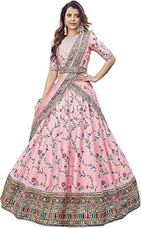 Divine International Trading Co Women's Silk Embroidered Semi-Stitched Lehenga Choli with Dupatta
