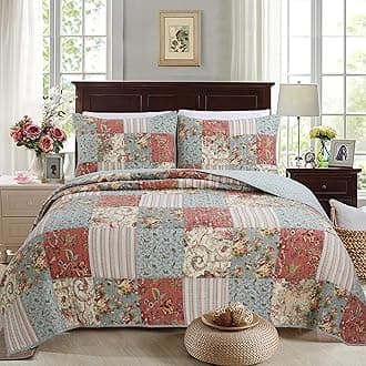 100% Cotton Hand Piecing Real Patchwork Ivory Yellow Floral Reversible Coverlet Bedspread Quilt Bedding Set for All Seasons (Coral Teal, Queen - 3 Piece)