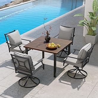 5-Piece Patio Dining Set for 4, E-Coated Outdoor Dining Set Swivel Patio Dining Chairs with Olefin Cushions & 1 Brown Square Faux Woodgrain Dining Table with 1.5”Market Umbrella Hole