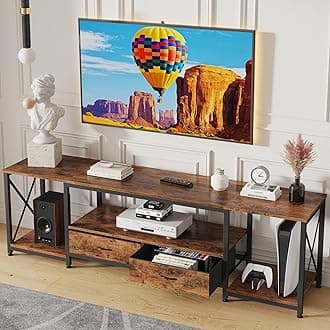 GYIIYUO TV Stand with Fabric Drawers - Entertainment Center and Industrial Console Table with Open Storage Shelves for Living Room, Bedroom - 71.5" Rustic Brown