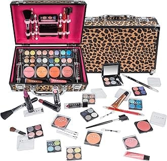 SHANY Carry All Make up Train Case with Pro Makeup Set, Beauty Brushes, Lipsticks, Eye Shadows, Blushes, Powders, and more - Reusable Cosmetics Storage Organizer - Premium Gift Packaging - Leopard