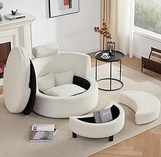Round Swivel Accent Chair, Oversized Barrel Chair with Storage Ottoman for Living Room with Base Storage,360°Modern Swivel with 3 Pillows for Home,Teddy Fabric,White