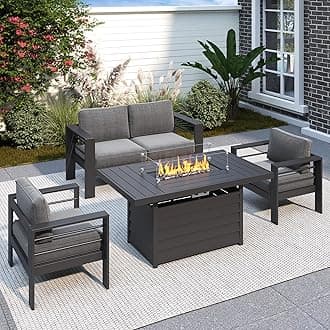 Solaste Aluminum Patio Furniture Set with Fire Pit Table, 4 Piece Metal Outdoor Furniture with Water-Resistant Cushions, Modern Patio Conversation Set for Balcony, Front Porch, and Backyard, Grey