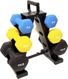 Fitvids Set of 6 Neoprene Dumbbell Hand Weights, Anti-Slip, Anti-roll, Hex Shape Colorful, 5/8/12 Pound Pairs, 50-Pound Set with Rack