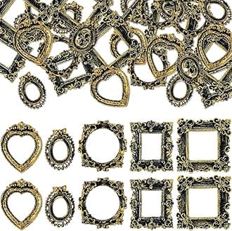 Vicenpal 40 Pcs Vintage Mini Picture Frames Baroque Antique Small Resin Jewelry Display Table Frame for Christmas DIY Photo Holiday Party Decoration (Black Gold)