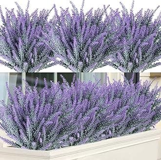 Ouddy Decor 12 Bundles Artificial Lavender Fake Flowers Faux Plastic Plants for Home Wedding Kitchen Garden Patio Window Box Office Table Centerpieces Indoor Outdoor Decor, Gray Purple