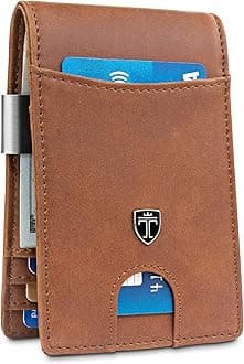 Money Clip Wallet RIO - Mens Wallets slim Front Pocket RFID Blocking Card Holder Minimalist Mini Bifold Gift Box (Vintage Leather, Cognac Brown)