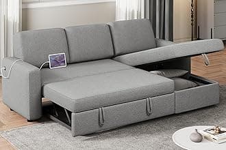 Yaheetech Sectional Sofa L-Shaped Sofa Couch Bed w/Chaise & USB, Reversible Couch Sleeper w/Pull Out Bed & Storage Space Living Room Light Gray