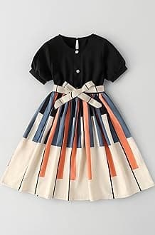 Girls Geometric Print Dress for Kids, Fit and Flare, Round Neck, Frock for Girls (Black)