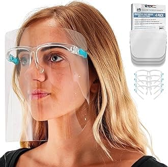 TCP Global Salon World Safety Face Shields with Glasses Frames (Pack of 4) - Ultra Clear Protective Full Face Shields to Protect Eyes, Nose, Mouth - Anti-Fog PET Plastic Sanitary Droplet Splash Guard