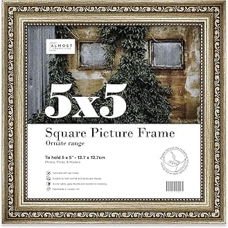 Almost Frameless 5x5 Champaign Ornate Picture Frame 5"x5" (12.7x12.7cm) Poster, Photo, Artwork, or Print. Opulent Style Portrait and Landscape Display with Wall Hooks