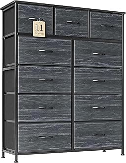 Flrrtenv Chest of Drawer with 11 Drawers, Modern Bedroom Cabinte, Fabric Drawers with Wooden Top, Sturdy Metal Frame, Tall Black Hallway Storage Unit