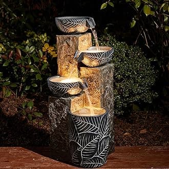 Glitzhome 32.75" H Outdoor Garden Water Fountain with LED Lights and Pump, Natural Leaf Textured 4-Tier Resin Cascading Floor-Standing Fountain for Porch Deck Patio Backyard Decoration
