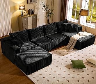Cloud Modular Sofa Couch with U-Shape Chaise and Big Ottoman Modern Sectional with Deep Seat, Upholstered Couches for Living Room,No Assembly Required, Plush Corduroy Fabric 139.37"(Black)