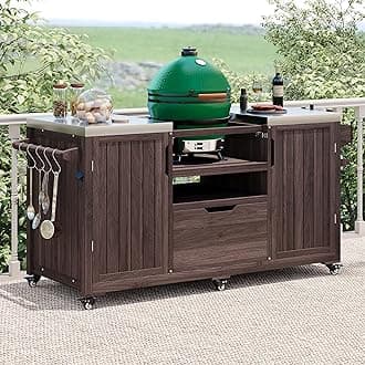 66.5" Outdoor Grill Cart with Storage, Movable Outdoor Kitchen Island with Stainless Steel Top & Wheels, Solid Wood BBQ Tables with Drawer/S-Hook/Bottle Opener for Outside Patio (Dark Brown)