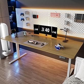 Shintenchi Standing Desk, 71x31 Inch Height Adjustable Electric Sit Stand up Desk, Ergonomic Rising Computer Table, Modern Lift Gaming Desk Workstation for Home Office, Walnut and White