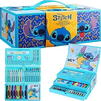 Stitch Kids Art Set, Colouring Pencils Pens Crayons Art Supplies in Art Box 30 Plus Pcs - Stitch Gifts for Girls (Blue Stitch)