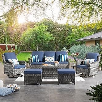 ovios7 Pieces Patio Furniture Set, Outdoor Wicker Sofas with Swivel Rocking Chairs, Glass Coffee Table, All Weather High Back Couch Set for Deck Porch, Grey Rattan, Denim Blue