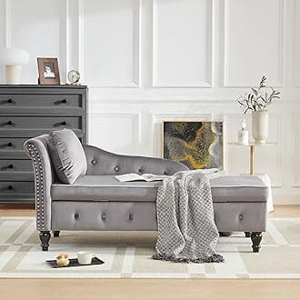 IroomyChaise Lounge Indoor with Storage, Upholstered Chaise Lounges Couch with Pillow for Living Room, Bedroom and Office, Modern Nailhead-Trimmed Tufted Lounge Chair, Dark Grey, Left Armrest