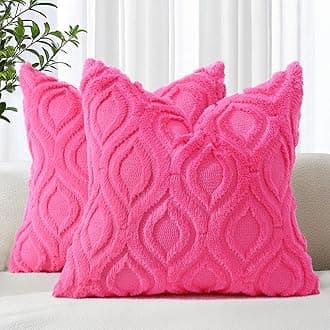 decorUhome Fall Throw Pillow Covers 22x22 Inch Set of 2, Soft Plush Decorative Faux Fur Hot Pink Solid Couch Pillow Covers, Accent Farmhouse Neutral Square Euro Pillow Cases for Sofa Bed Living Room