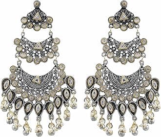Retro Indian Ghungroo bOHO Silver Oxidized Kundan Jhumka Dangle Earrings Gypsy Fashion Jewelry