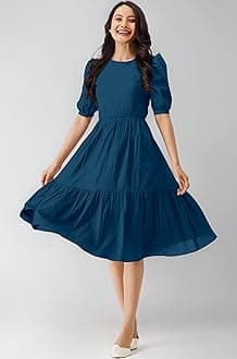 TRENDMALLS Dress for Women Cotton Blend Round Neck Half Puff Sleeve Flared Pleated Midi Western Dress
