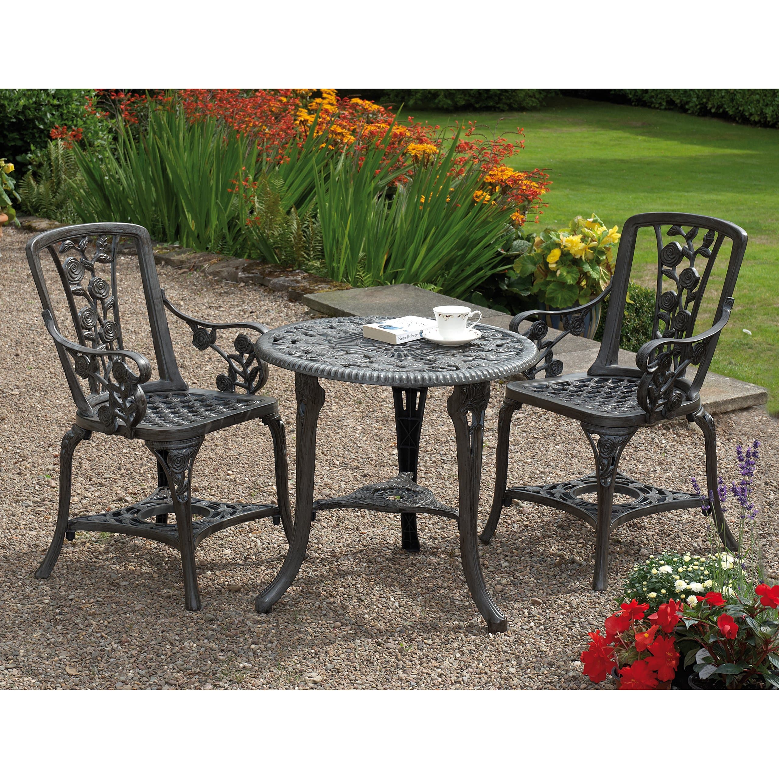 Gablemere 2 Seater Plastic Rose Design Patio Set with Round Bistro Table in Gun Metal Grey Finish