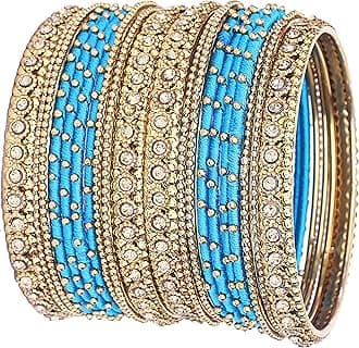 NMII Metal with Golden Zircon Gemstone & Silk Thread Studded worked Ball Chain Linked Stylish Bangle Set For Women and Girls