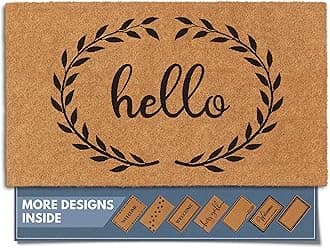 Barnyard Designs Natural Coco Coir Heavy Duty Backing Doormat - Large Cute Non-Slip Front Door Welcome Mat for Outside Entrance or Porch Entry, Brown (Hello Wreath/ 17" x 30")